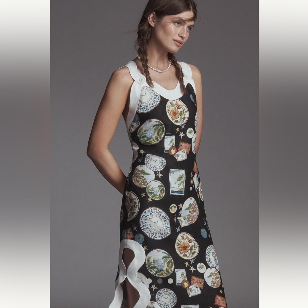 🎉SUPER RARE🎉 Farm Rio NWT Anthropologie Linen Scallop-Trim Slim Midi Dress XS - Picture 8 of 16